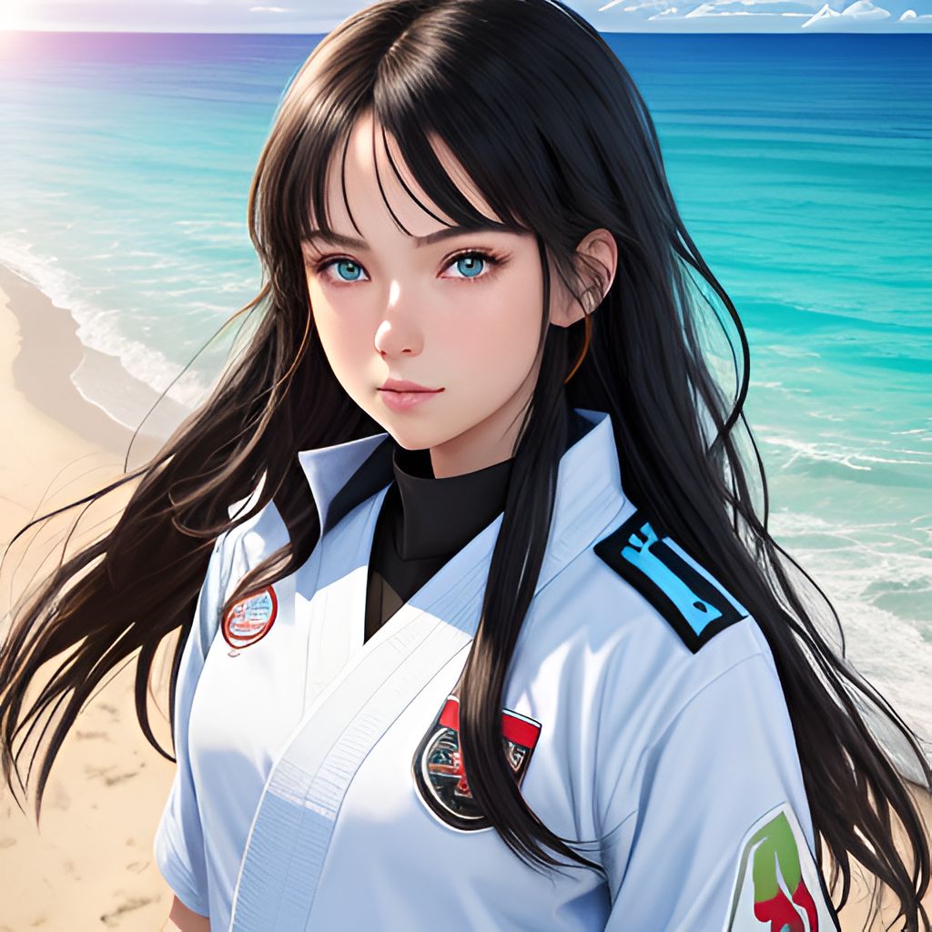 海辺で練習している空手少女